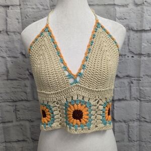 Altar'd State Sunflower Crochet Halter Crop Top Size Medium